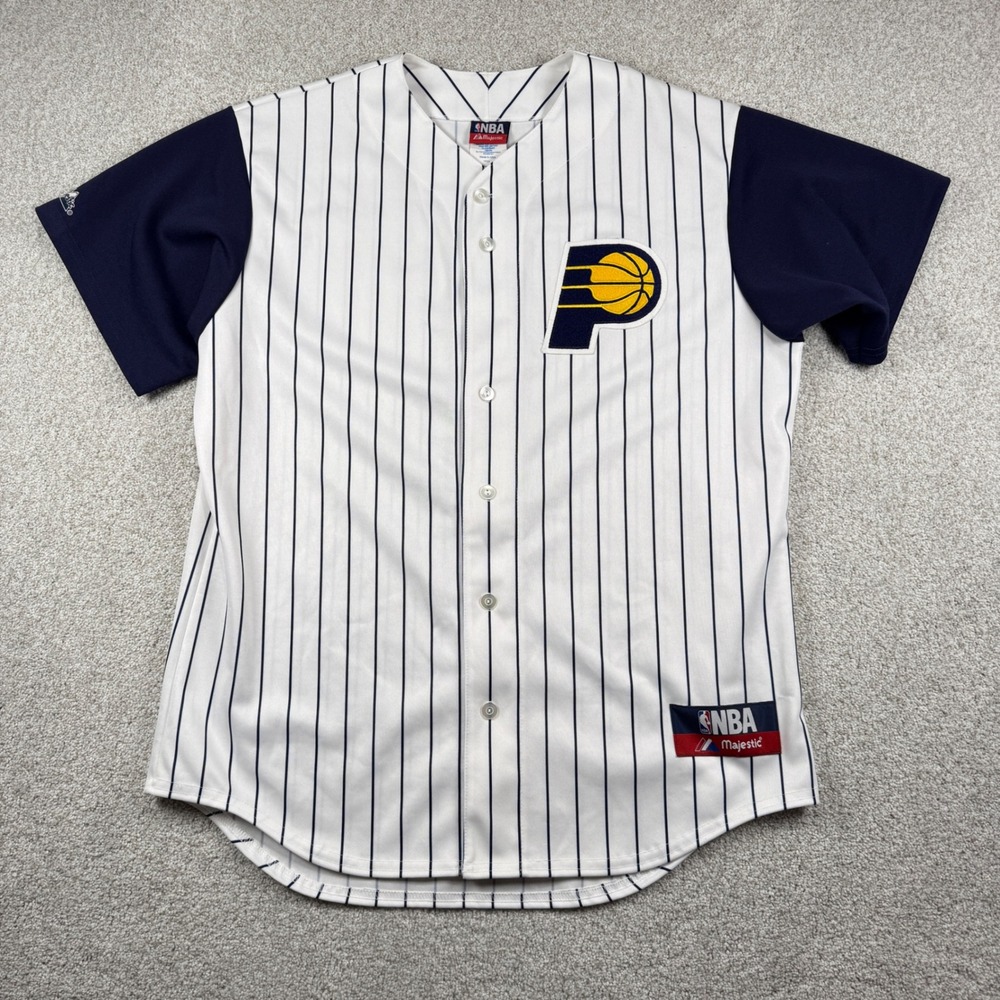 Majestic Jersey Mens L White Indiana Pacers Pinstripe Button Front NBA USA
